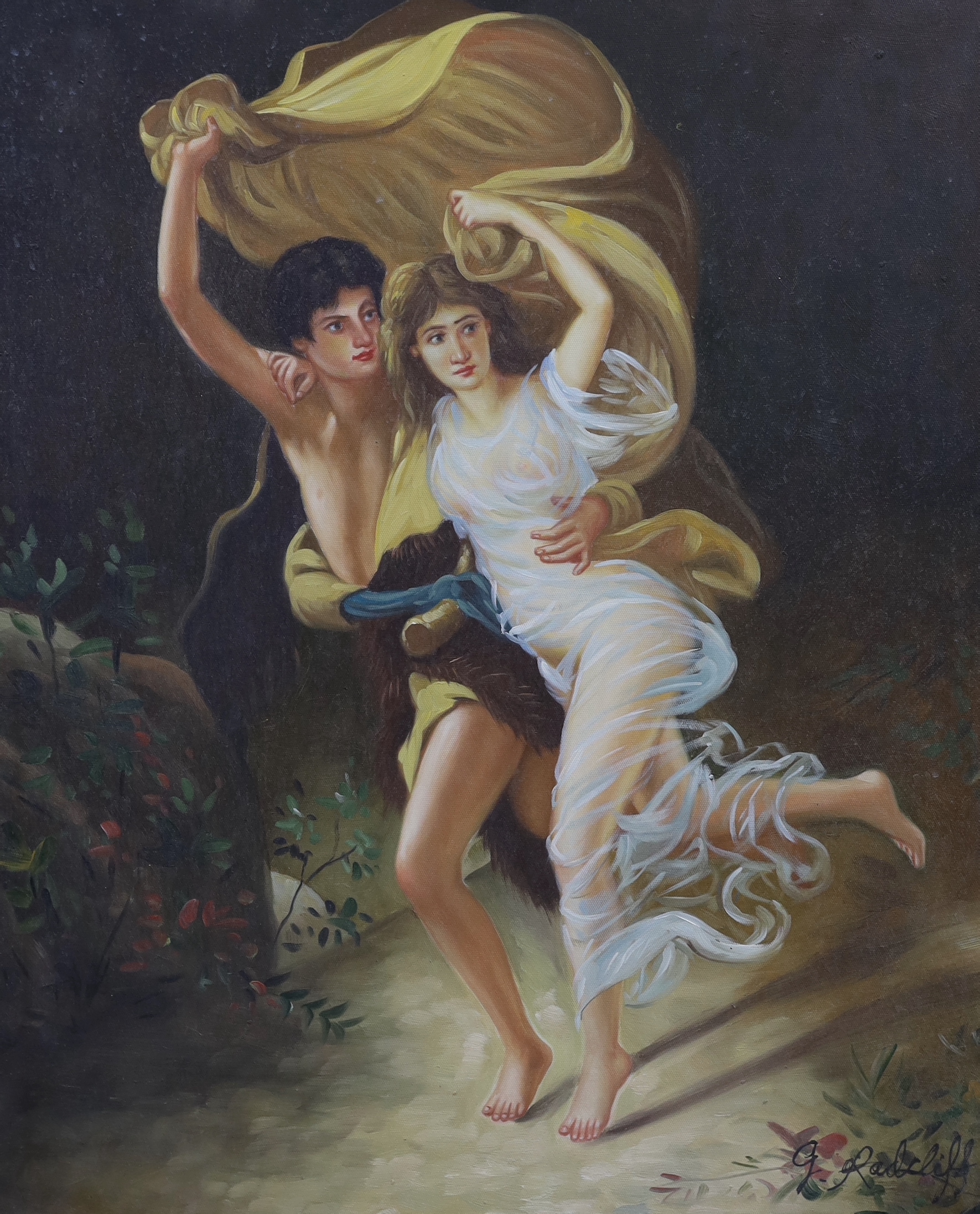 Two oils on canvas, Grecian robed figures including semi nude females, each signed, the largest 100cm x 75cm